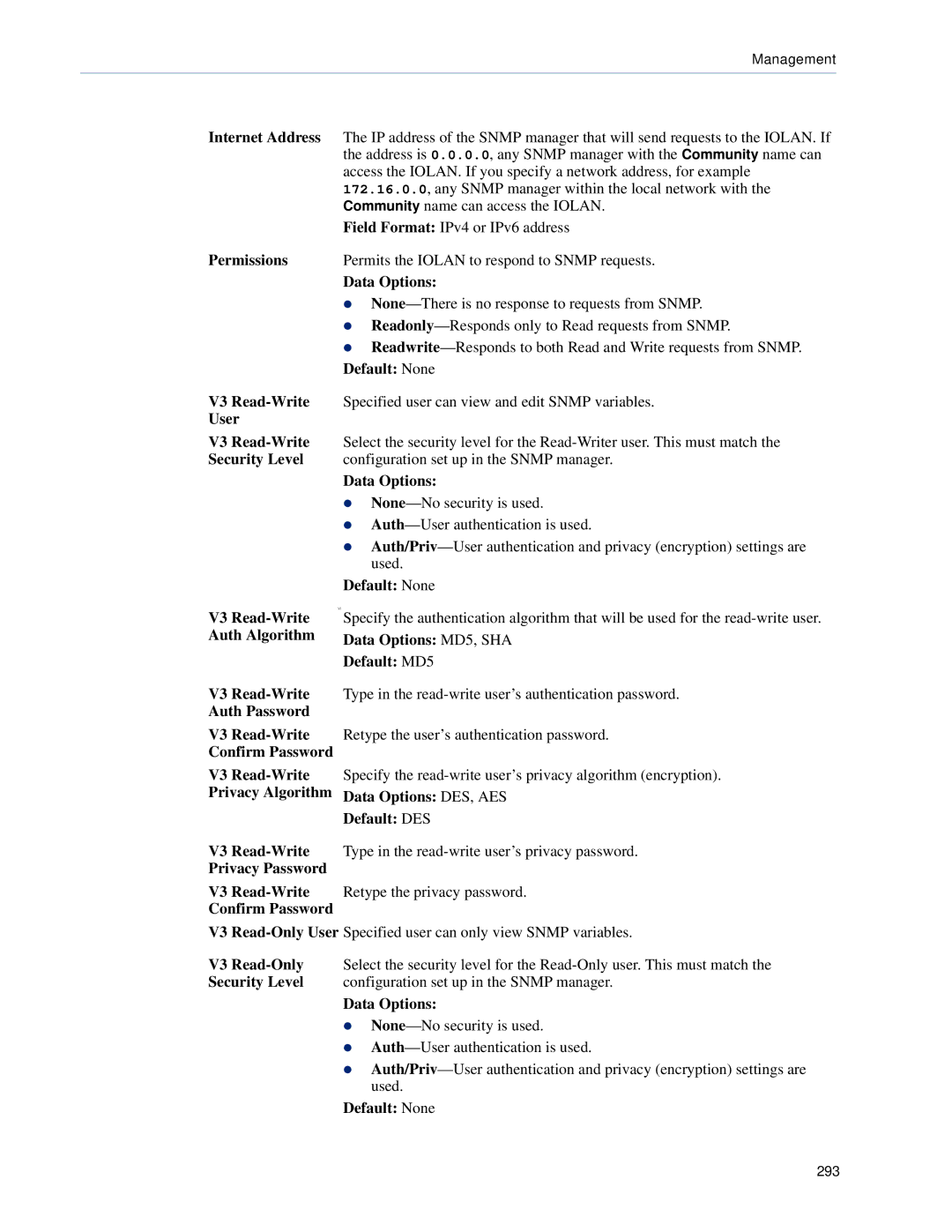 Perle Systems SCS, STS Internet Address, Permissions, User V3 Read-Write, Security Level, Auth Password, Default DES 