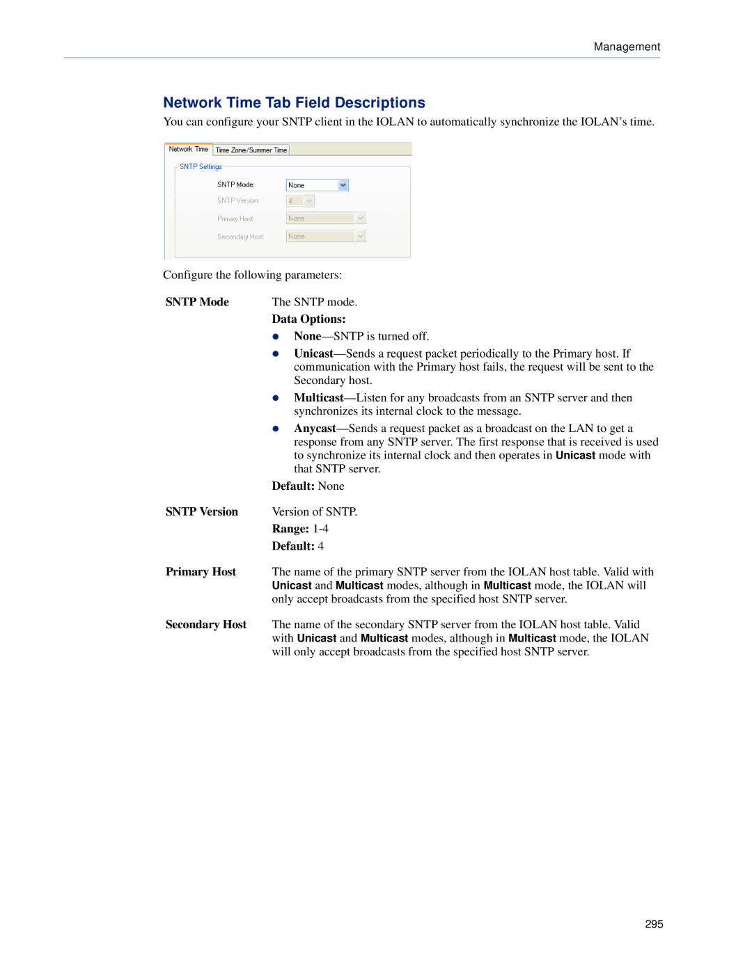 Perle Systems SCS, STS manual Network Time Tab Field Descriptions, Sntp Mode, Sntp Version 