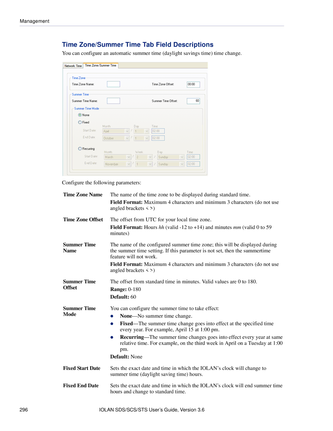 Perle Systems STS, SCS manual Time Zone/Summer Time Tab Field Descriptions 