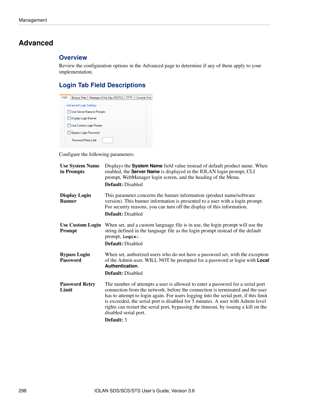 Perle Systems STS, SCS manual Advanced, Login Tab Field Descriptions 