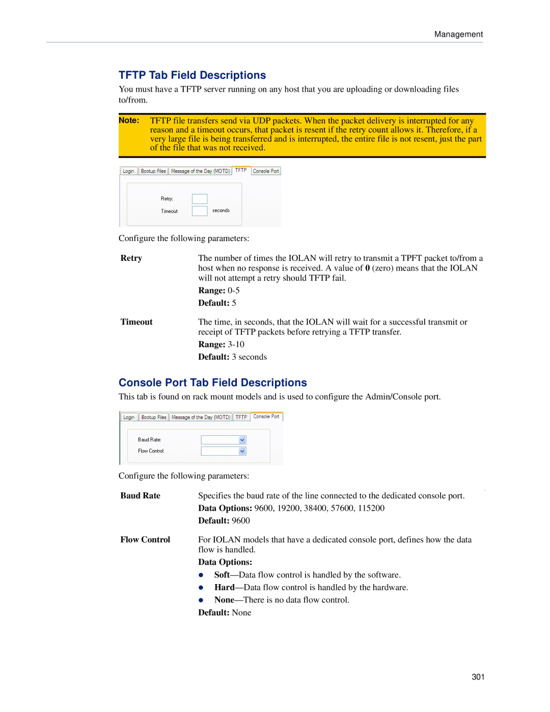 Perle Systems SCS, STS Tftp Tab Field Descriptions, Console Port Tab Field Descriptions, Baud Rate, Default Flow Control 