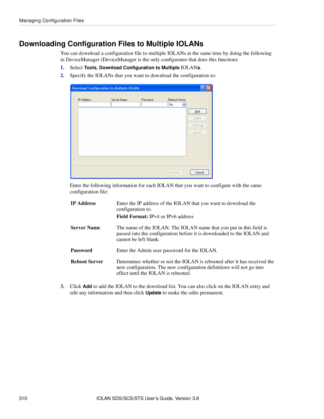 Perle Systems STS, SCS manual Downloading Configuration Files to Multiple IOLANs, Reboot Server 