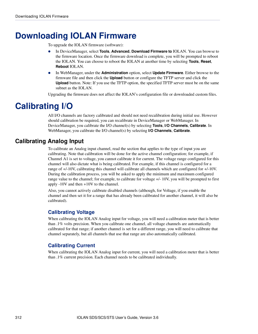 Perle Systems STS, SCS manual Downloading Iolan Firmware, Calibrating I/O, Calibrating Analog Input, Calibrating Voltage 