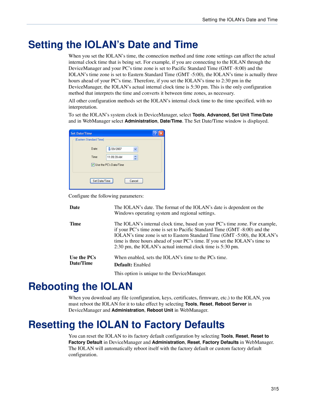 Perle Systems SCS, STS Setting the IOLAN’s Date and Time, Rebooting the Iolan, Resetting the Iolan to Factory Defaults 