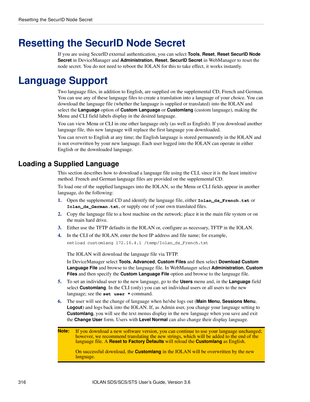 Perle Systems STS, SCS manual Resetting the SecurID Node Secret, Language Support, Loading a Supplied Language 