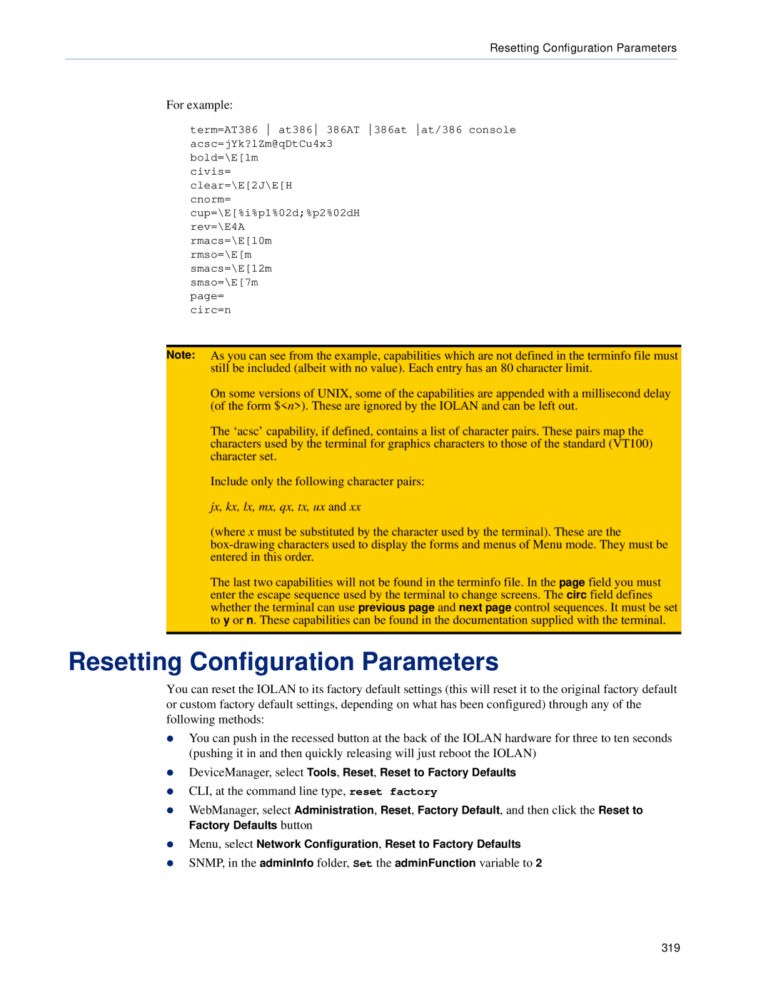 Perle Systems SCS, STS manual Resetting Configuration Parameters, For example 