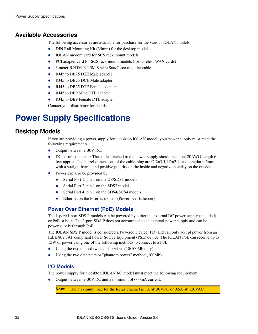 Perle Systems STS, SCS Power Supply Specifications, Available Accessories, Desktop Models, Power Over Ethernet PoE Models 