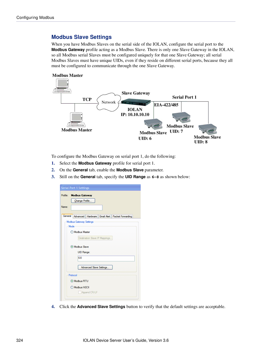 Perle Systems STS, SCS manual Modbus Slave Settings, Modbus Master Slave Gateway 