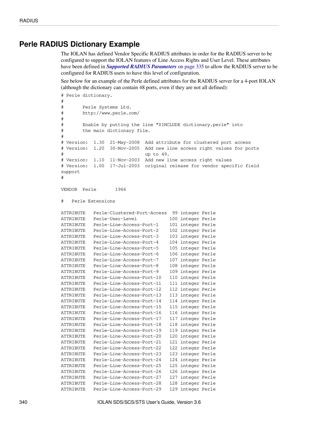 Perle Systems STS, SCS manual Perle Radius Dictionary Example 