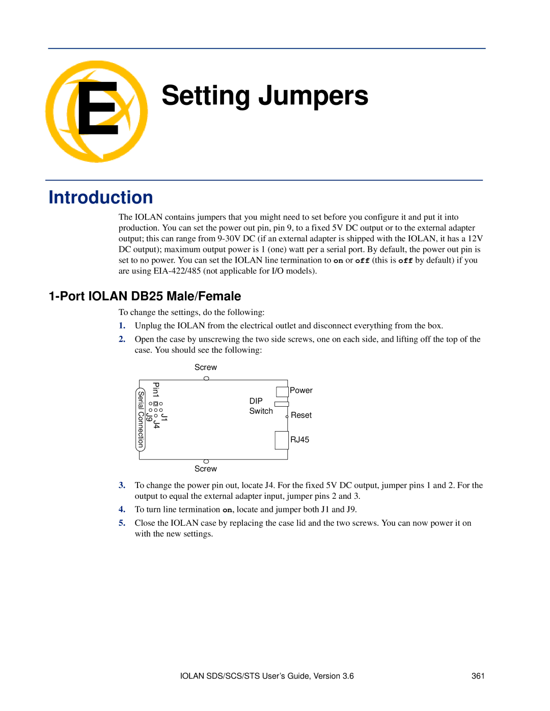 Perle Systems SCS, STS manual Setting Jumpers, Port Iolan DB25 Male/Female 