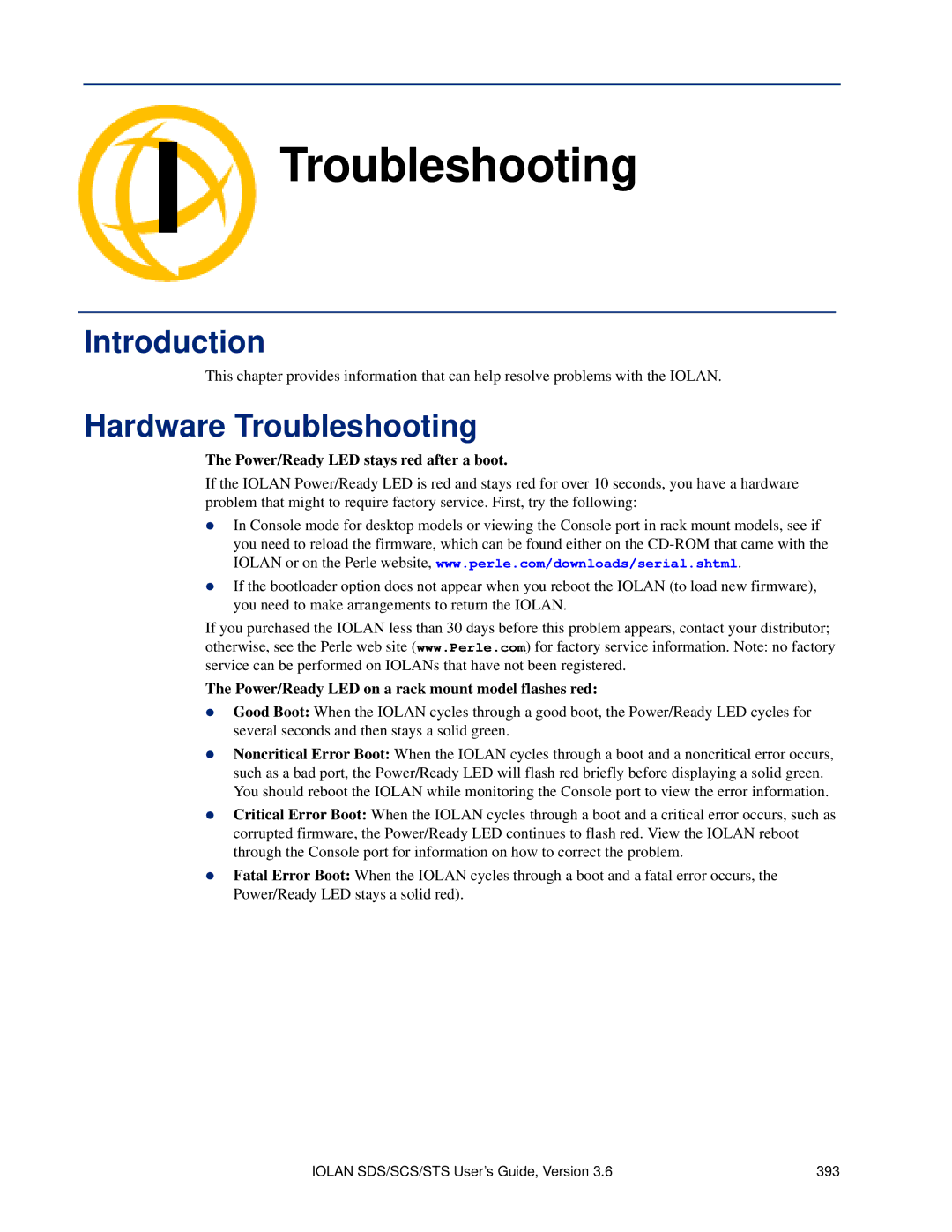 Perle Systems SCS, STS manual Hardware Troubleshooting, Power/Ready LED stays red after a boot 