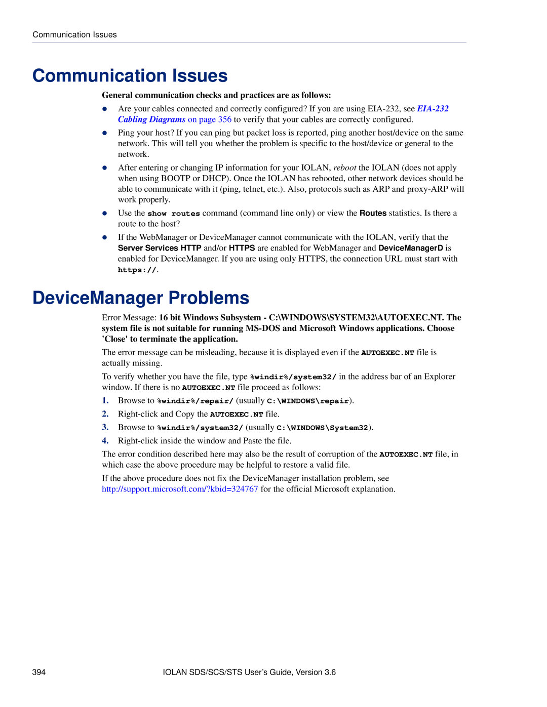 Perle Systems STS Communication Issues, DeviceManager Problems, General communication checks and practices are as follows 