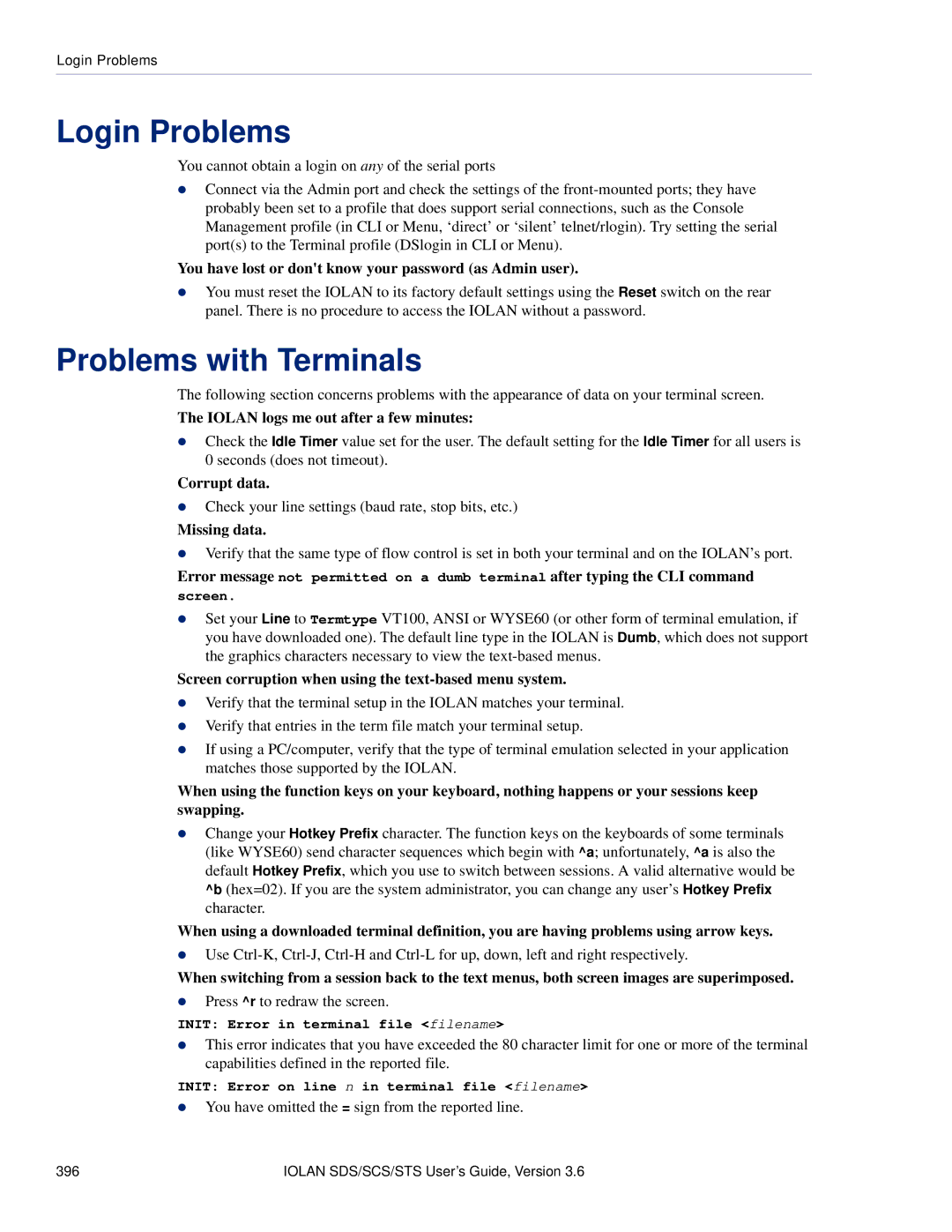 Perle Systems STS, SCS manual Login Problems, Problems with Terminals 