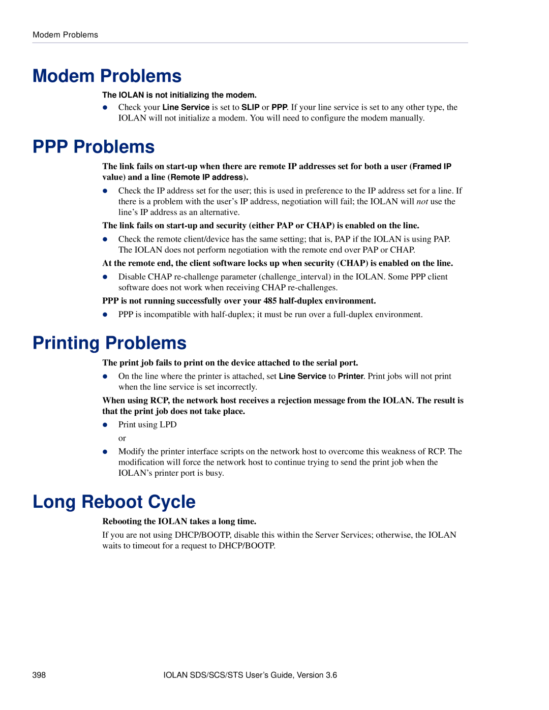 Perle Systems STS, SCS manual Modem Problems, PPP Problems, Printing Problems, Long Reboot Cycle 