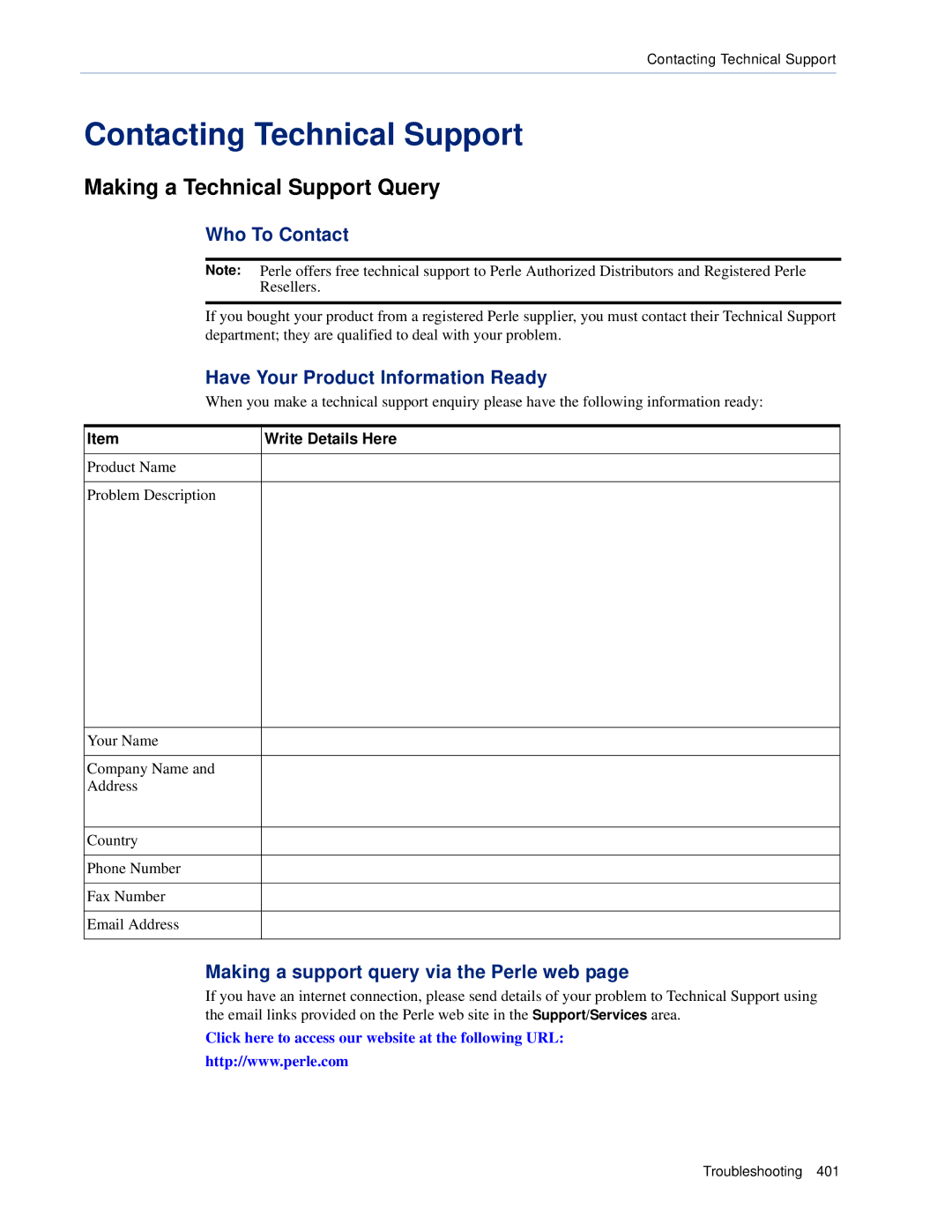 Perle Systems SCS, STS manual Contacting Technical Support, Making a Technical Support Query 