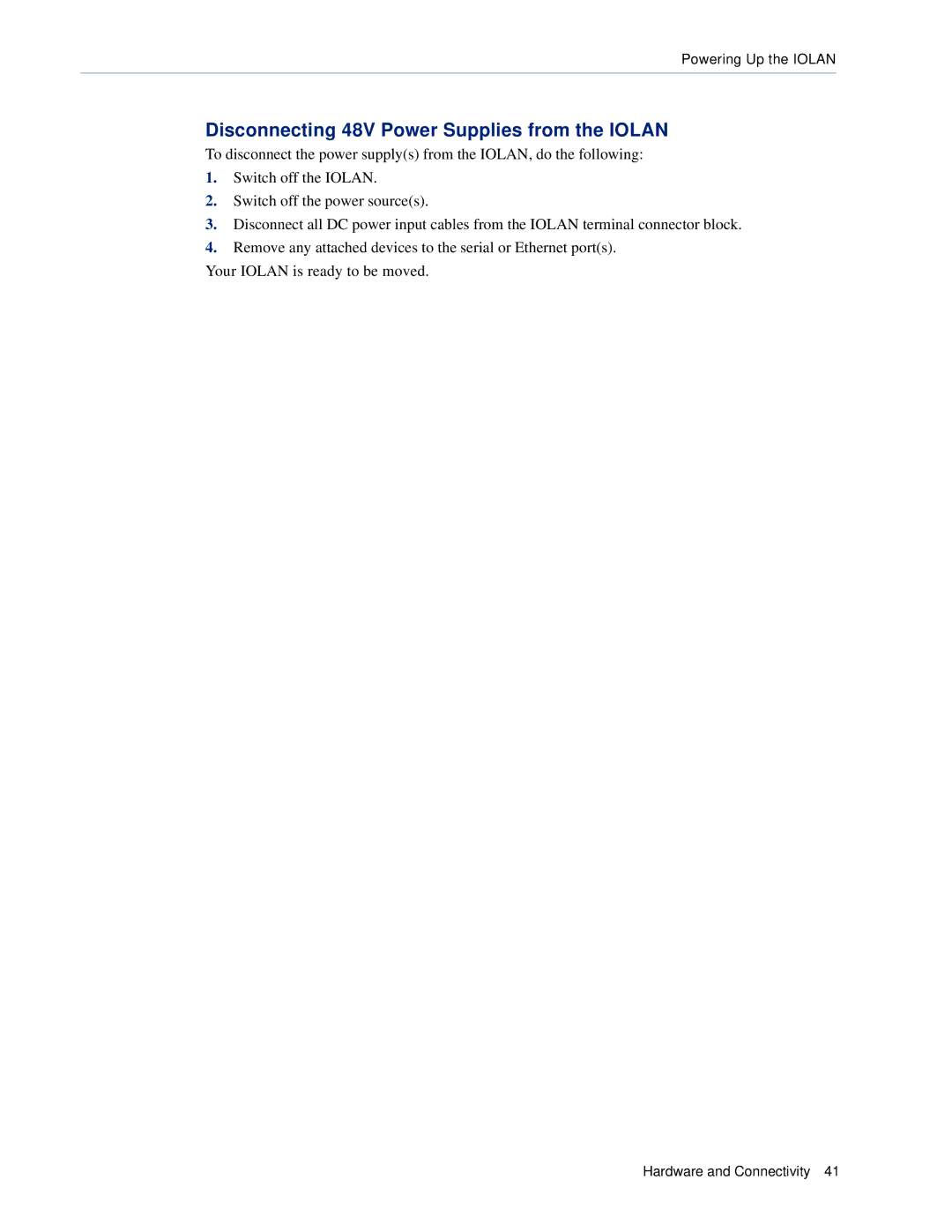 Perle Systems SCS, STS manual Disconnecting 48V Power Supplies from the Iolan 