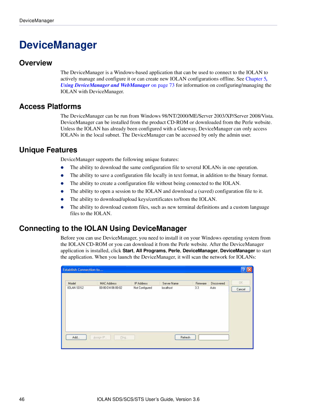 Perle Systems STS, SCS manual Access Platforms, Unique Features, Connecting to the Iolan Using DeviceManager 