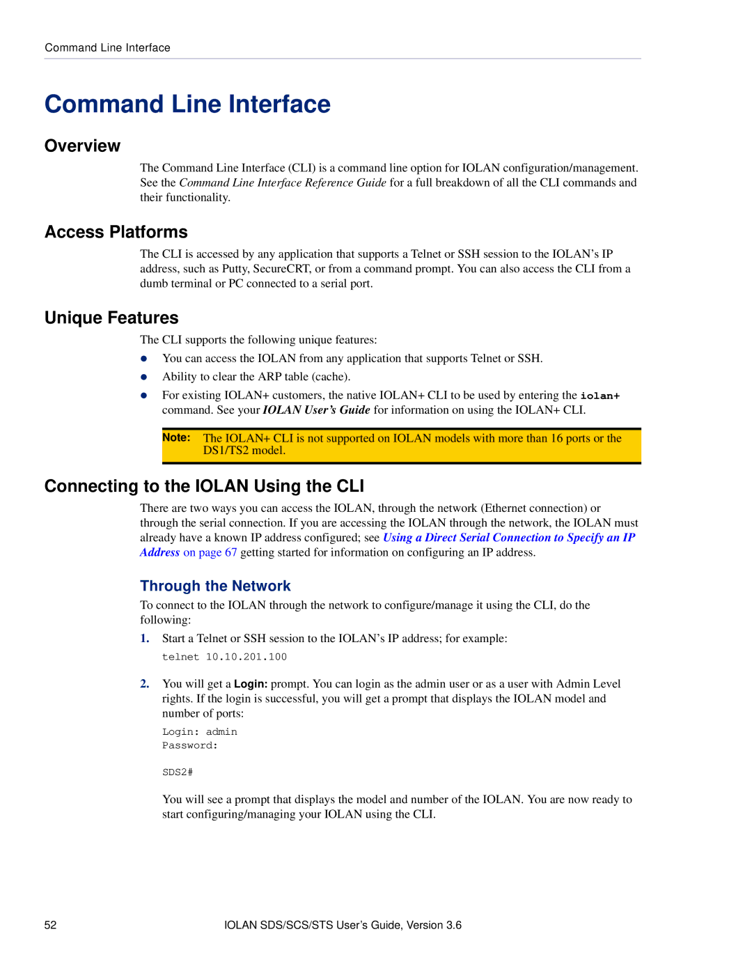 Perle Systems STS, SCS manual Command Line Interface, Connecting to the Iolan Using the CLI, Through the Network 