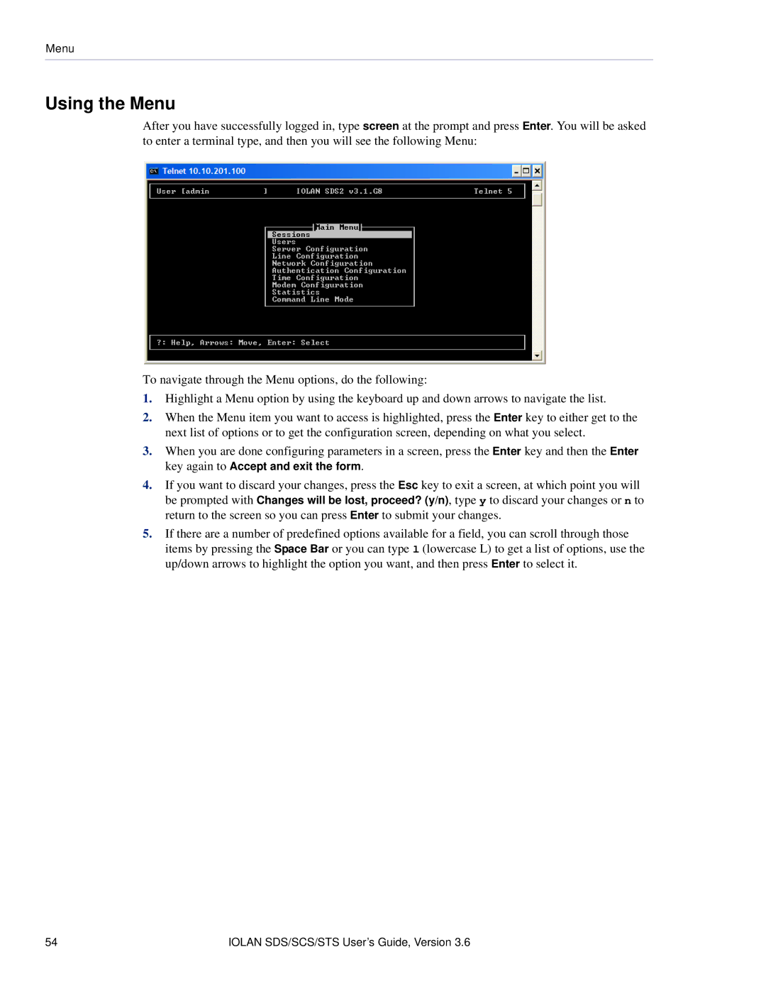 Perle Systems STS, SCS manual Using the Menu 