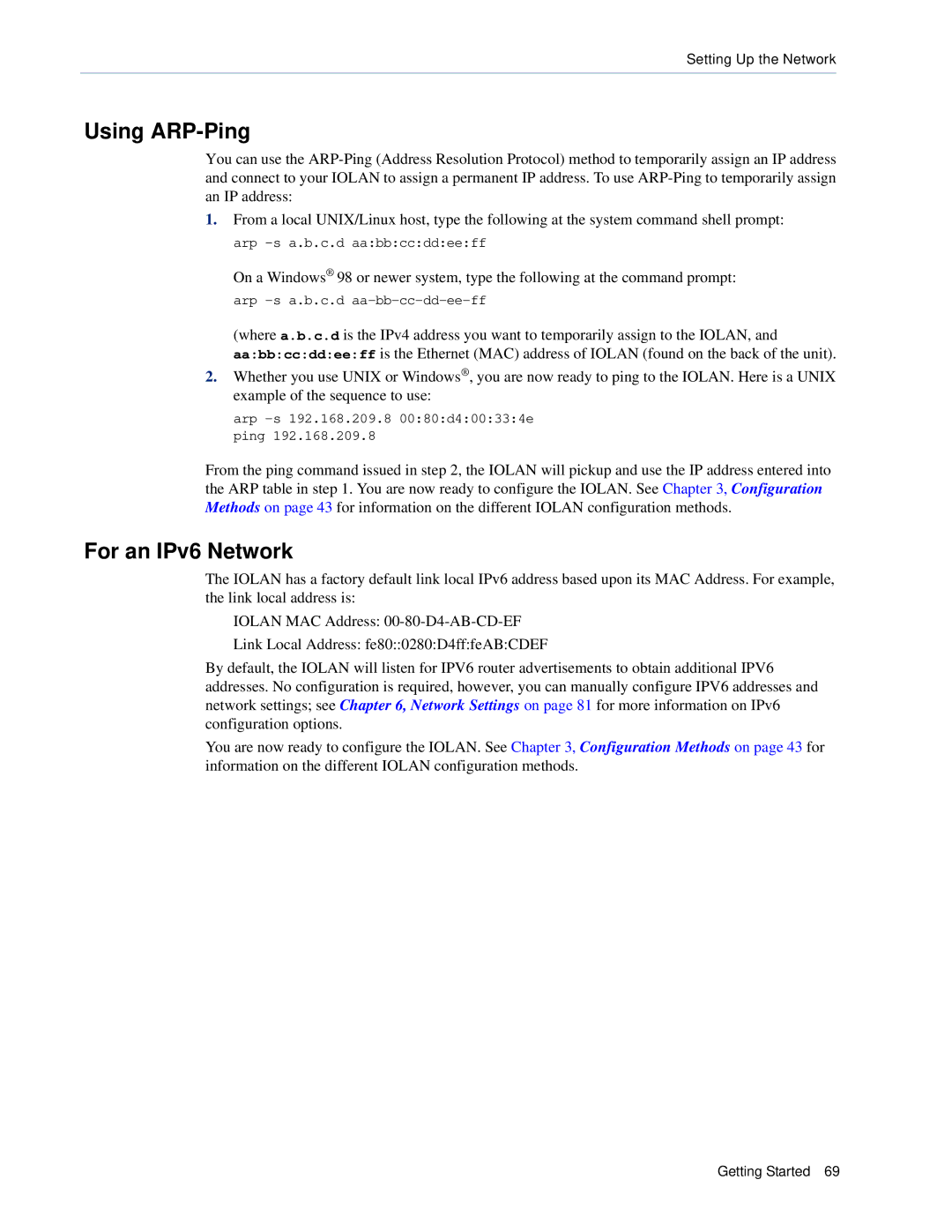 Perle Systems SCS, STS manual Using ARP-Ping, For an IPv6 Network 