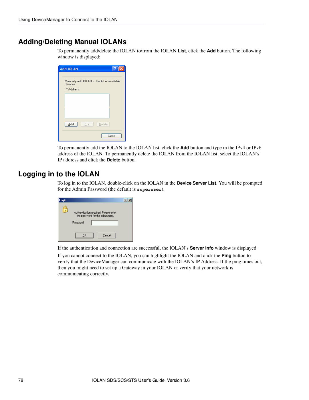 Perle Systems STS, SCS manual Adding/Deleting Manual IOLANs, Logging in to the Iolan 