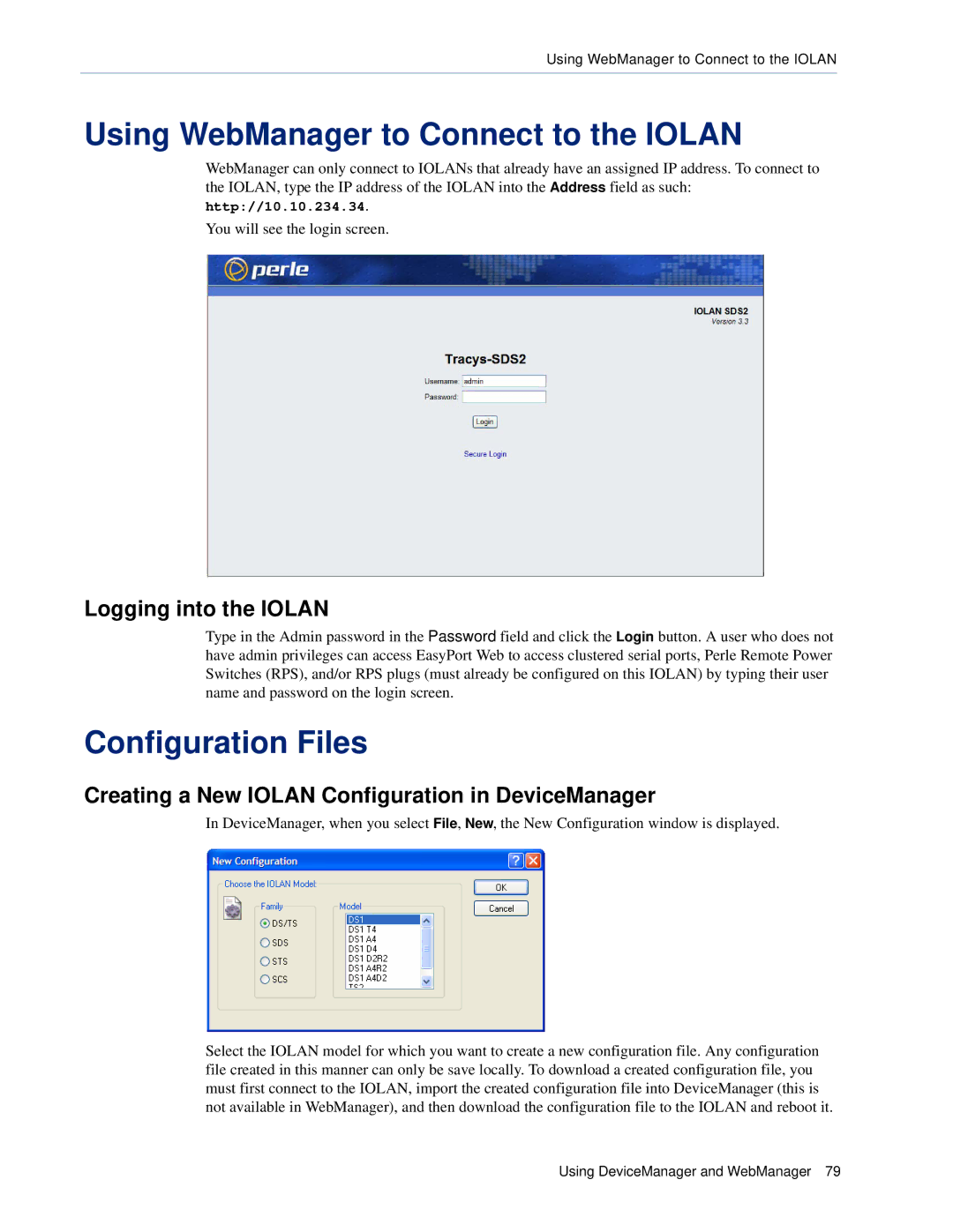 Perle Systems SCS, STS manual Using WebManager to Connect to the Iolan, Configuration Files, Logging into the Iolan 