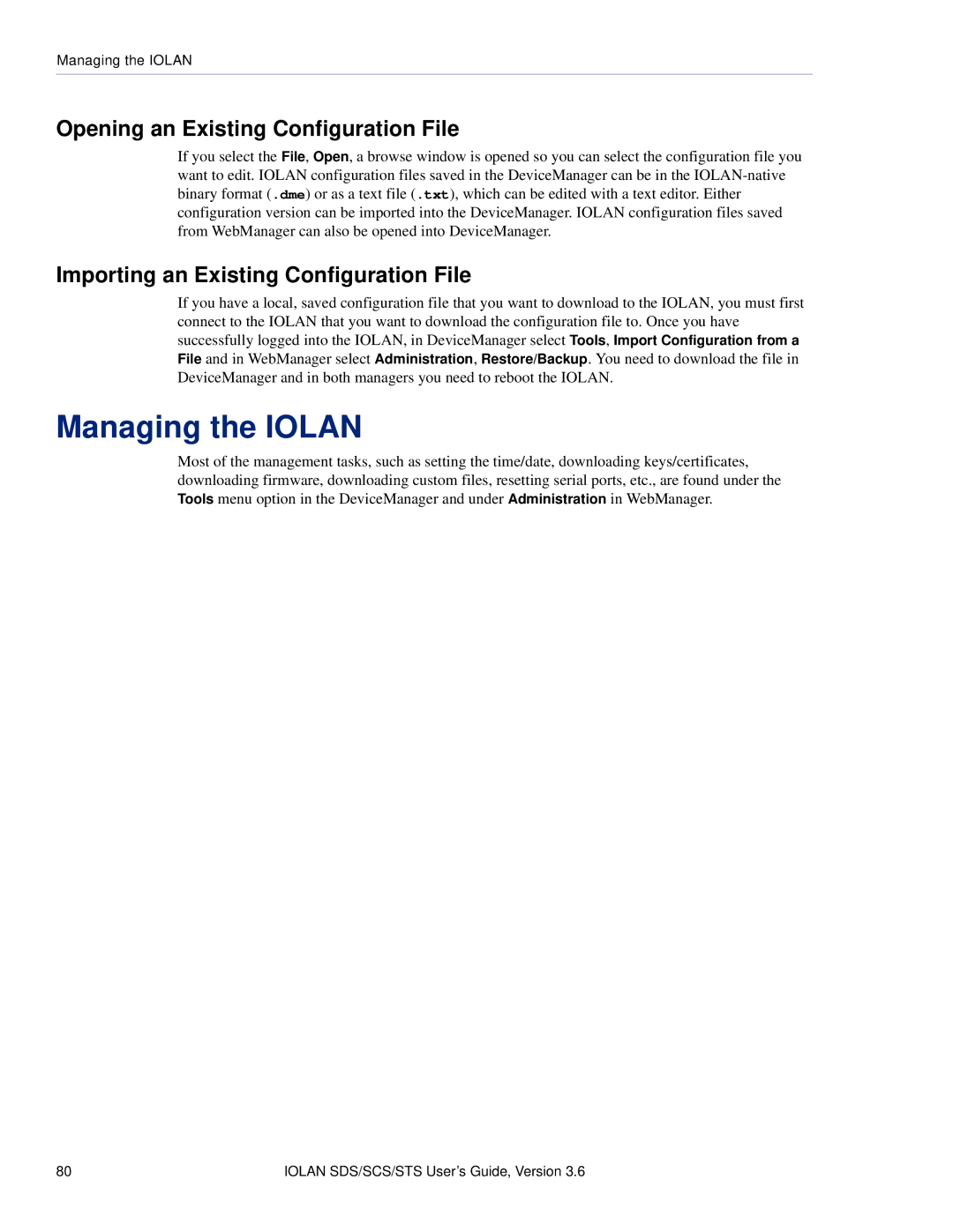 Perle Systems STS Managing the Iolan, Opening an Existing Configuration File, Importing an Existing Configuration File 