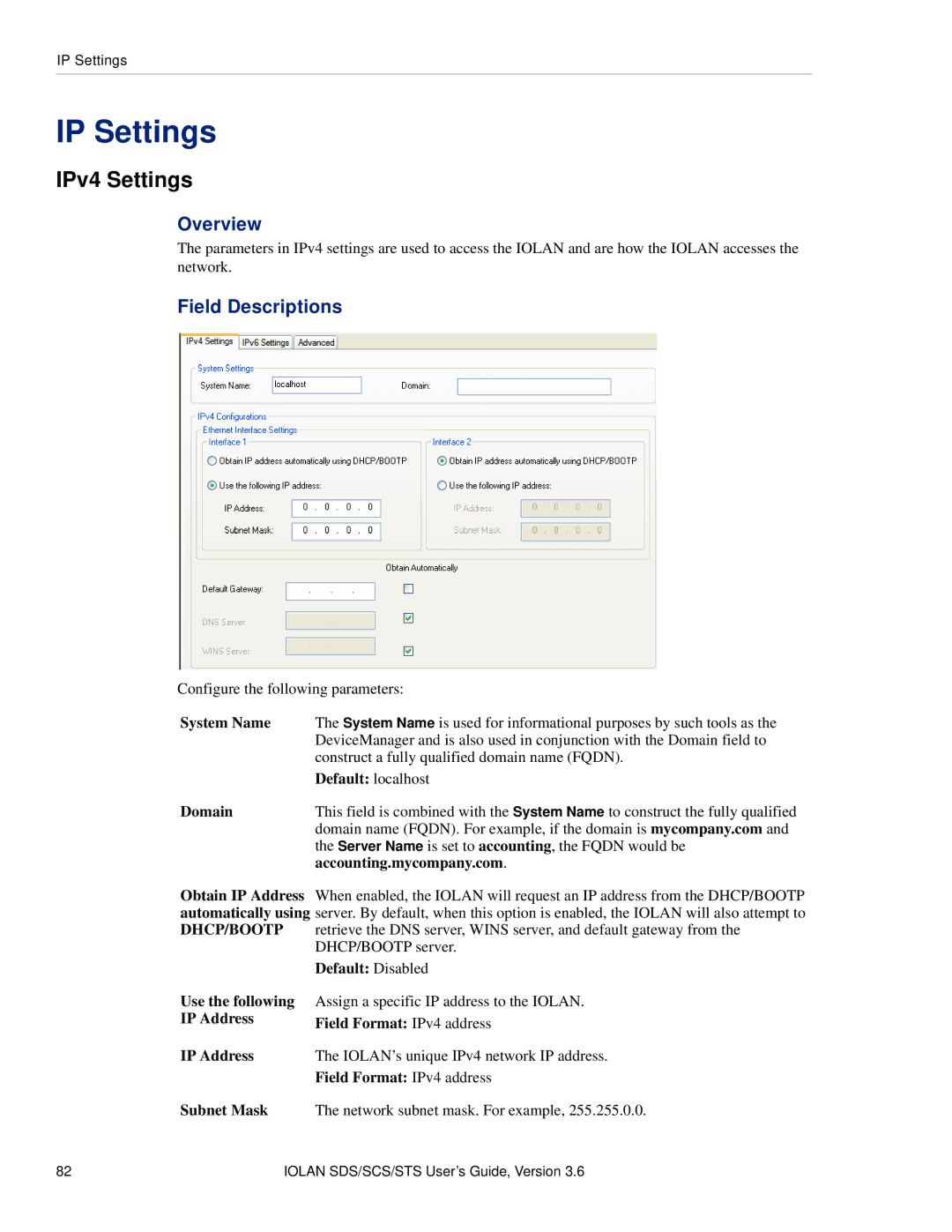 Perle Systems STS, SCS manual IP Settings, IPv4 Settings, Overview, Field Descriptions 