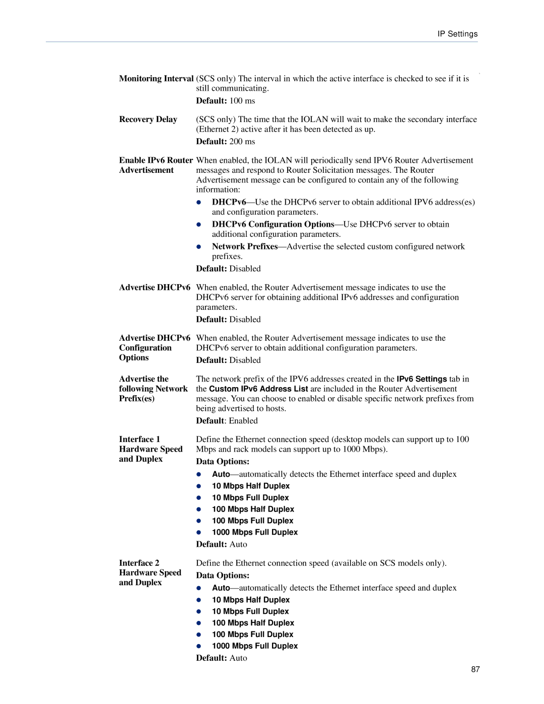 Perle Systems SCS, STS Default 100 ms, Default 200 ms, Default Disabled Advertise DHCPv6, Configuration, Following Network 