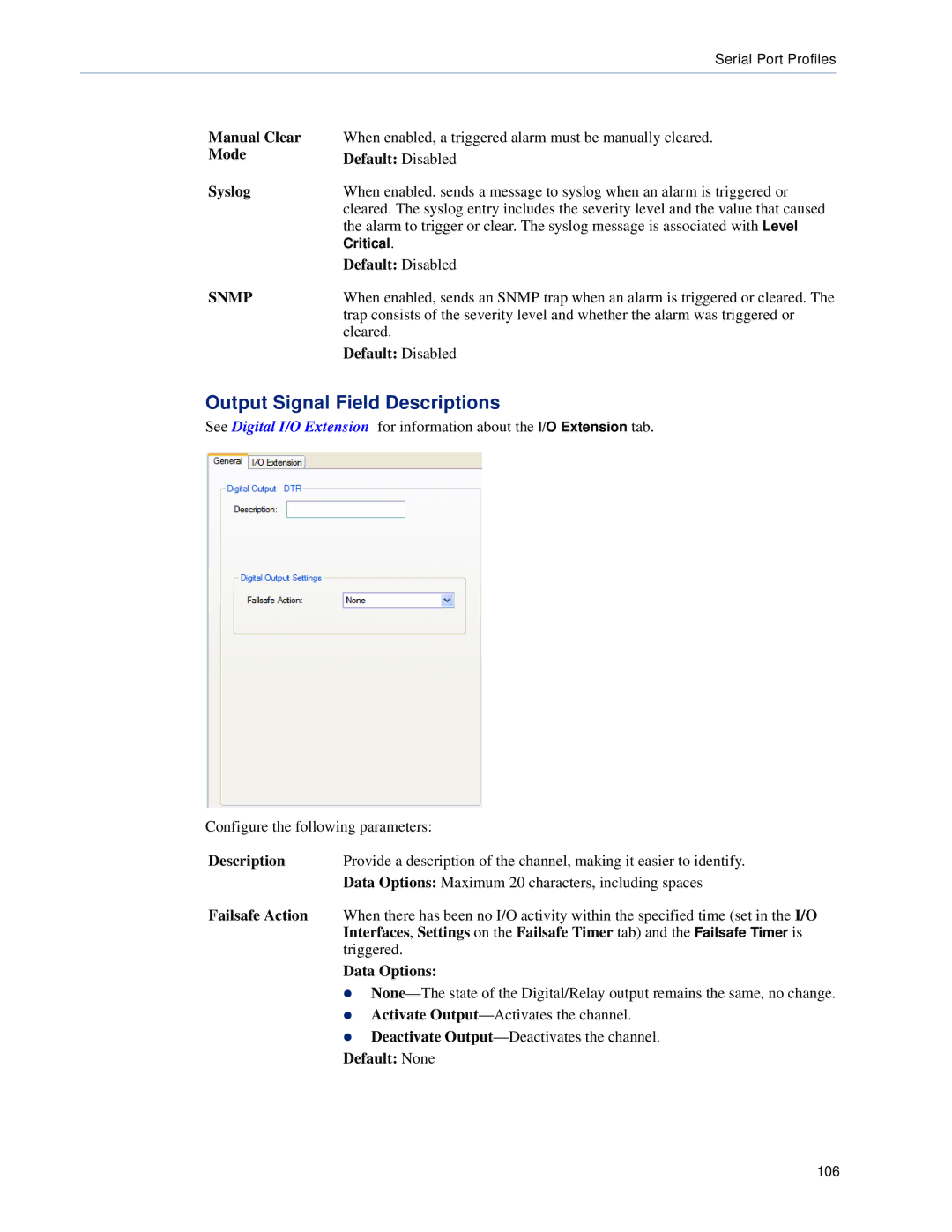 Perle Systems TS2, DS1 manual Output Signal Field Descriptions, Manual Clear, Mode Default Disabled Syslog, Failsafe Action 