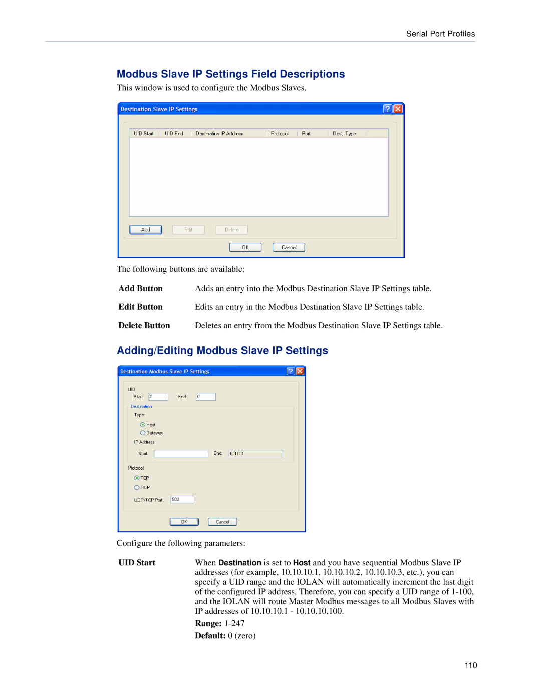 Perle Systems TS2, DS1 Modbus Slave IP Settings Field Descriptions, Adding/Editing Modbus Slave IP Settings, UID Start 