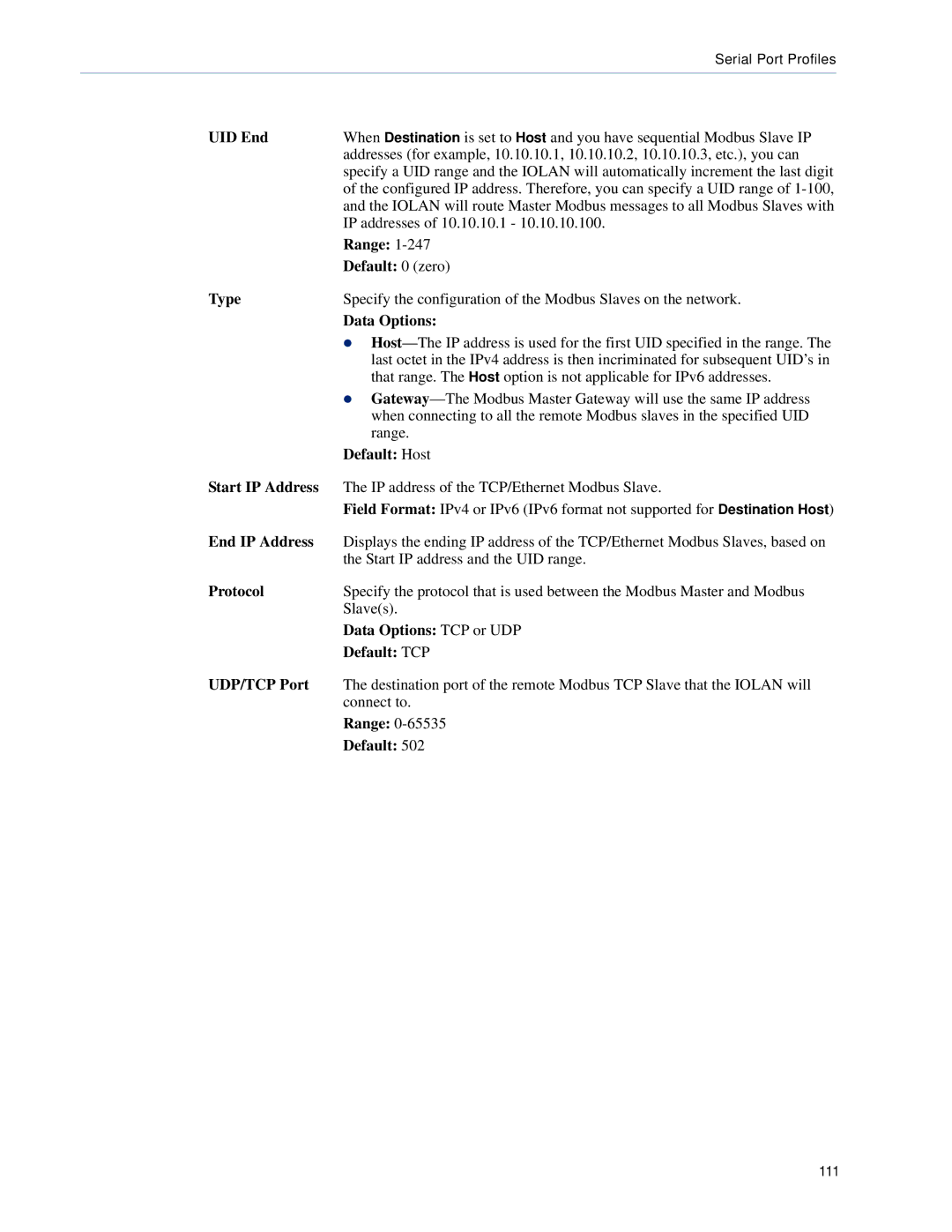 Perle Systems DS1, TS2 manual UID End, Type, Default Host, Data Options TCP or UDP, Default TCP, UDP/TCP Port 