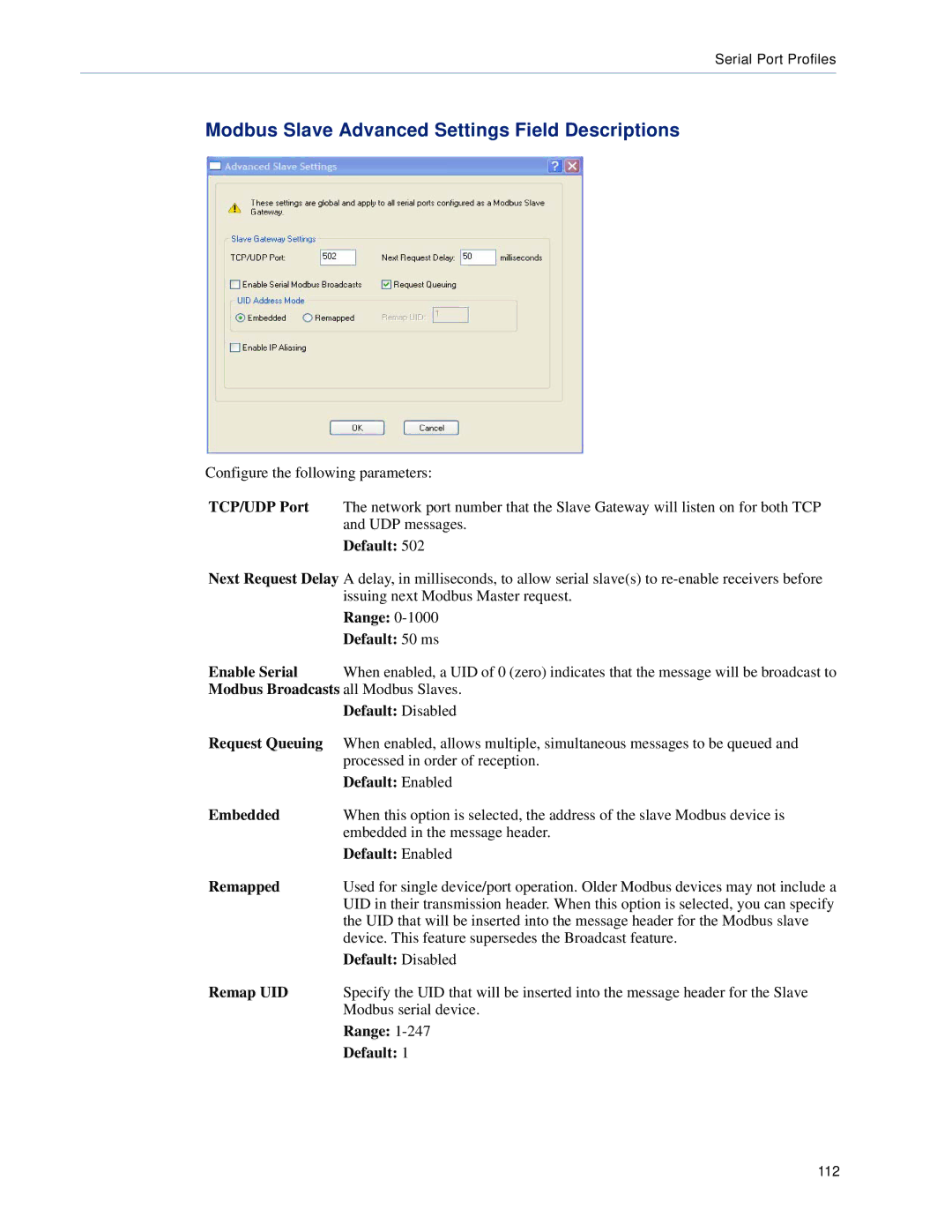 Perle Systems TS2, DS1 manual Modbus Slave Advanced Settings Field Descriptions 