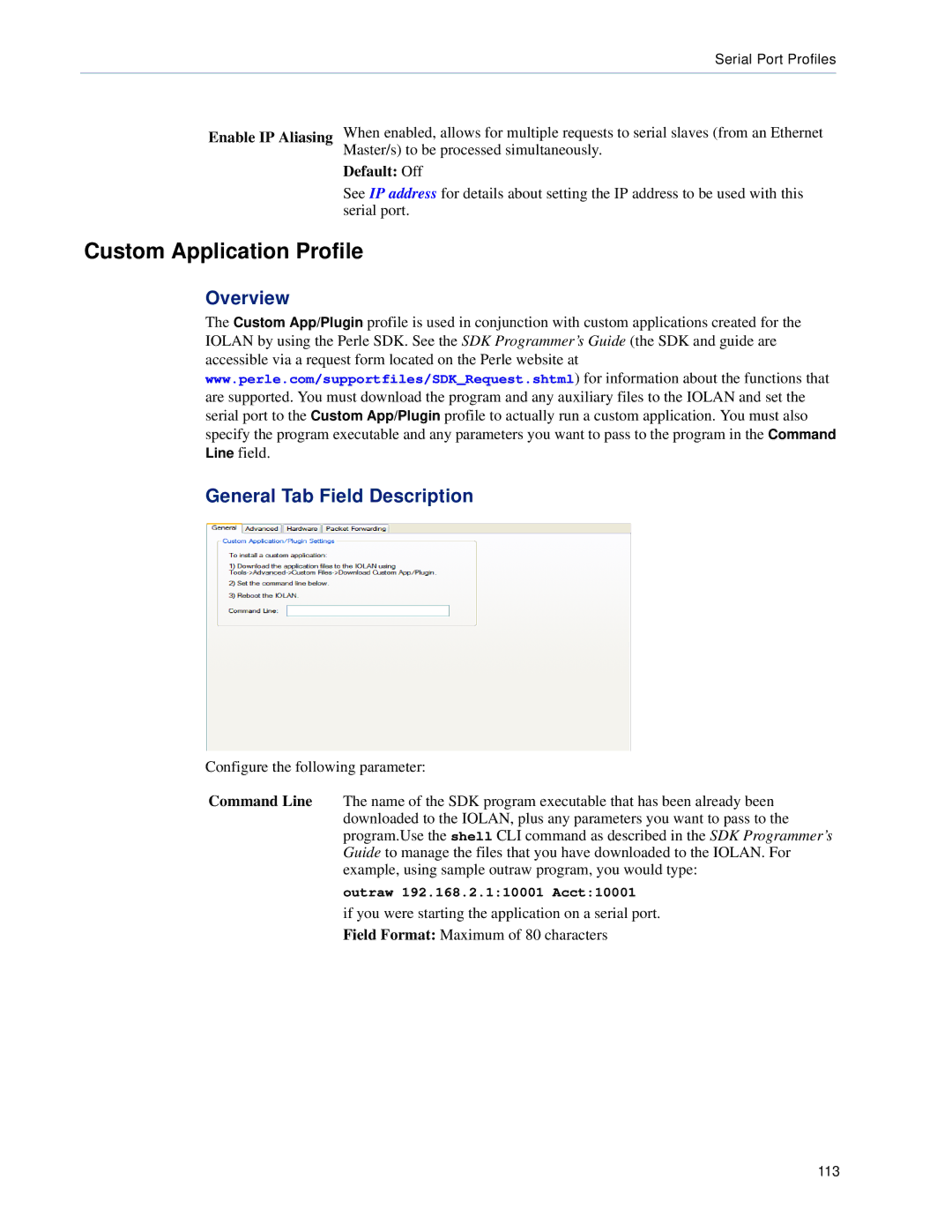 Perle Systems DS1, TS2 manual Custom Application Profile, General Tab Field Description, Default Off 