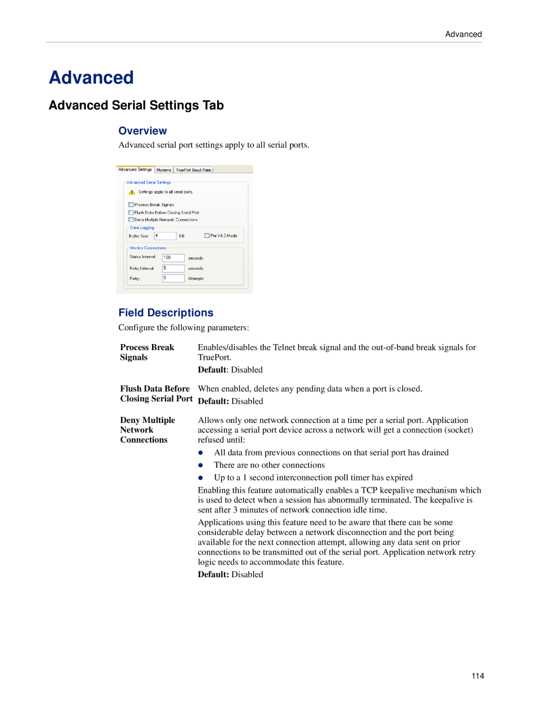 Perle Systems TS2 Advanced Serial Settings Tab, Field Descriptions, Closing Serial Port Default Disabled Deny Multiple 