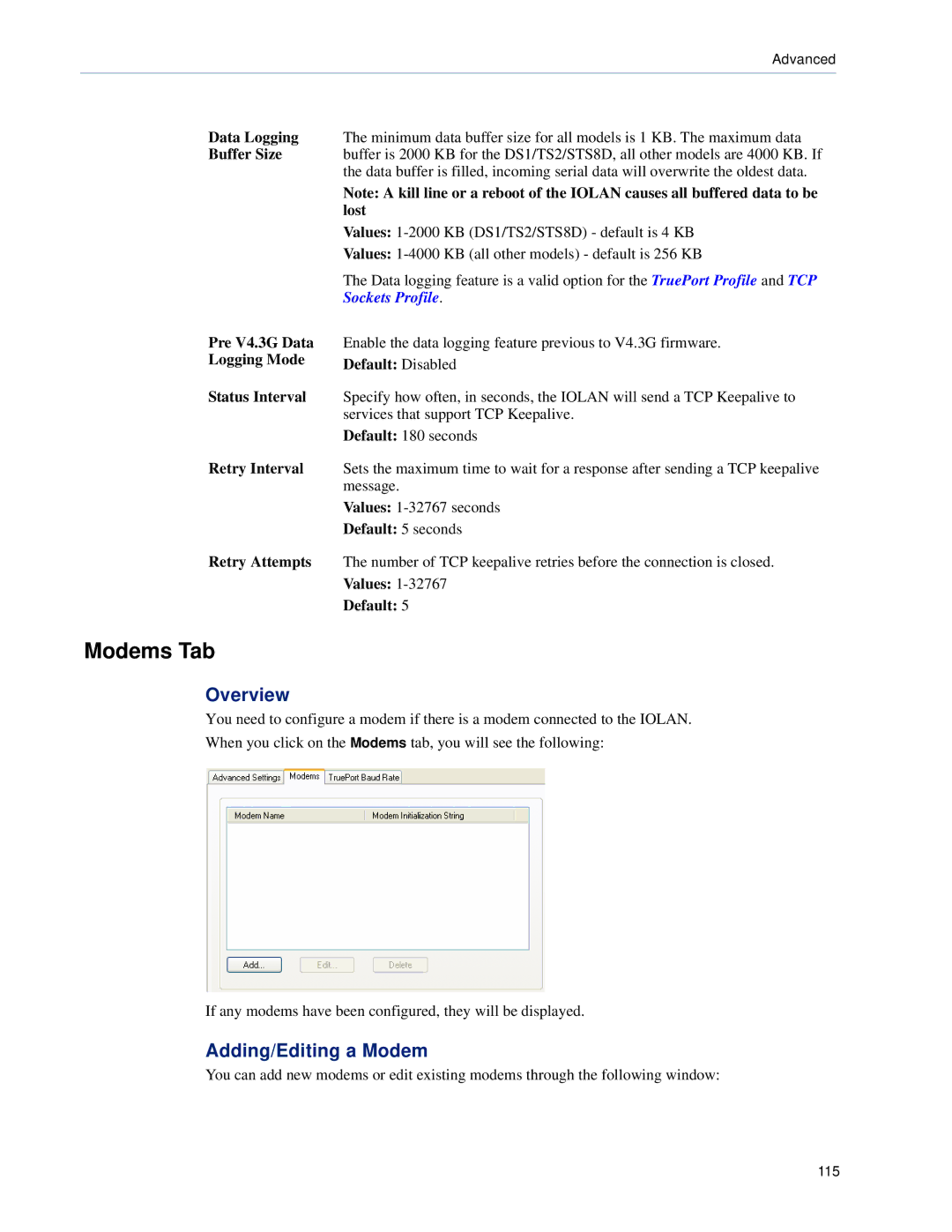 Perle Systems DS1, TS2 manual Modems Tab, Adding/Editing a Modem 