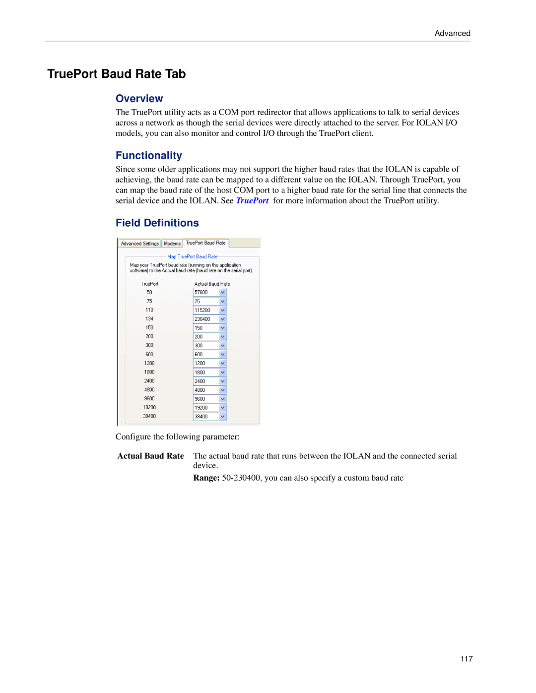 Perle Systems DS1, TS2 manual TruePort Baud Rate Tab, Field Definitions 