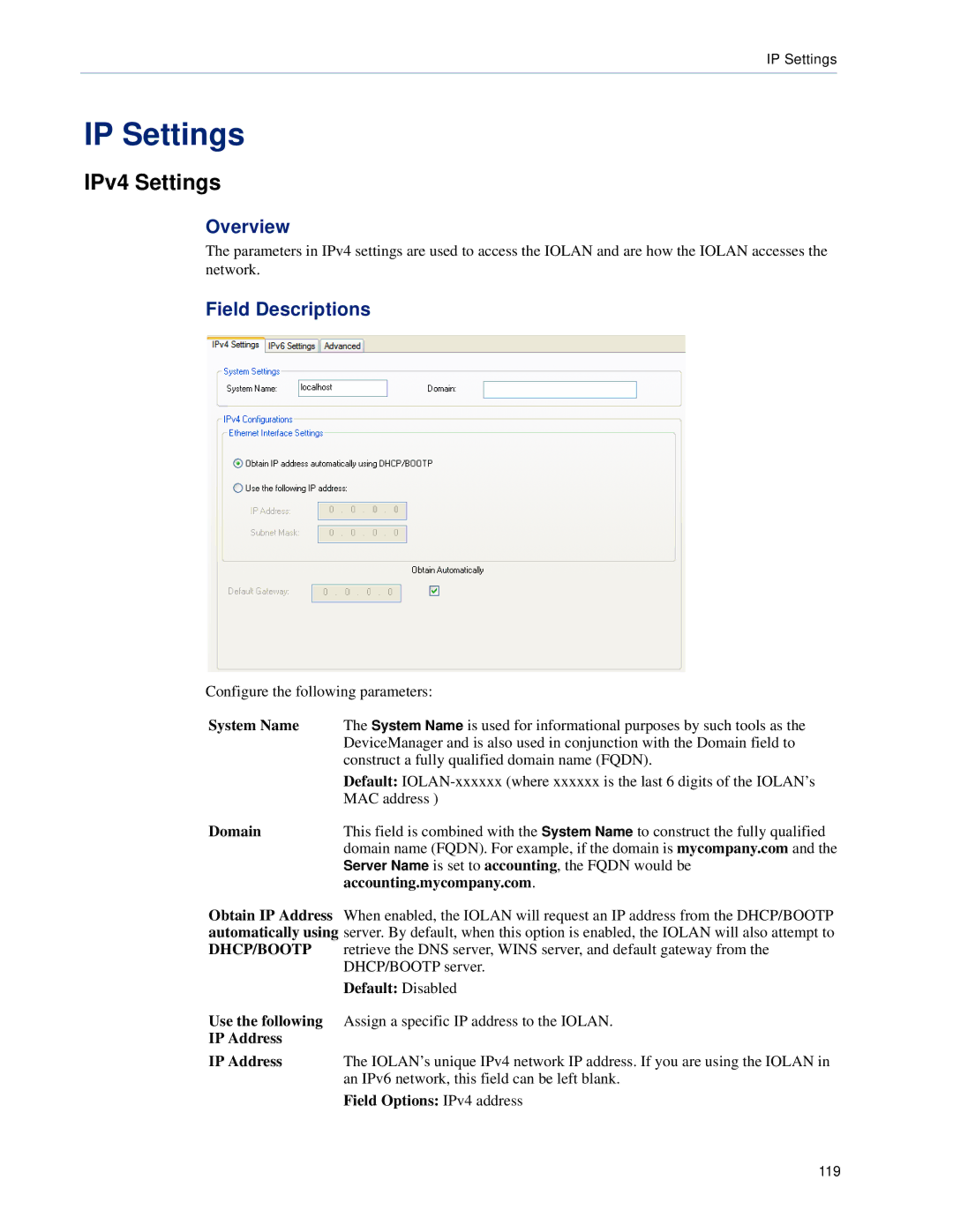 Perle Systems DS1, TS2 manual IP Settings, IPv4 Settings, System Name, Domain, Accounting.mycompany.com 