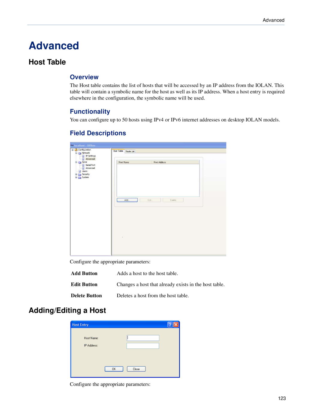 Perle Systems DS1, TS2 manual Host Table, Adding/Editing a Host, Add Button Adds a host to the host table Edit Button 