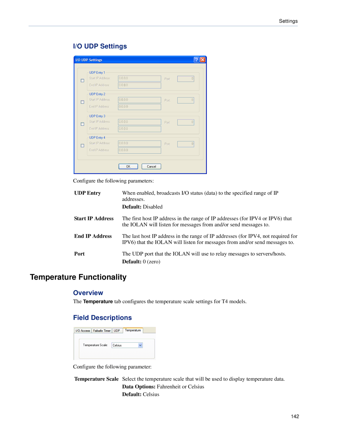 Perle Systems TS2, DS1 manual Temperature Functionality, UDP Settings, UDP Entry, Port, Default Celsius 