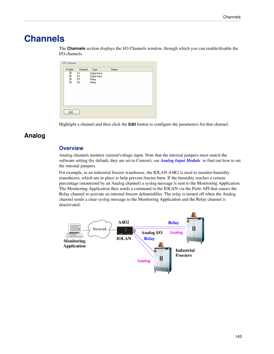 Perle Systems DS1, TS2 manual Channels, Monitoring Application A4D2, Analog I/O Analog, Industrial Freezers 