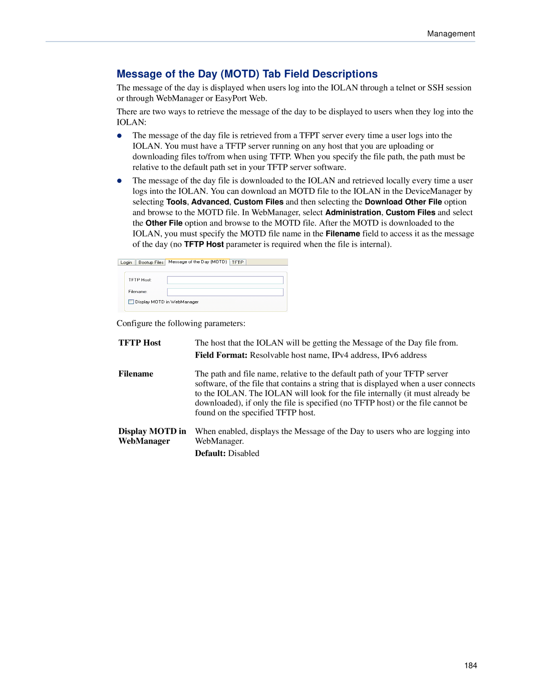 Perle Systems TS2, DS1 manual Message of the Day Motd Tab Field Descriptions, Tftp Host, Filename 