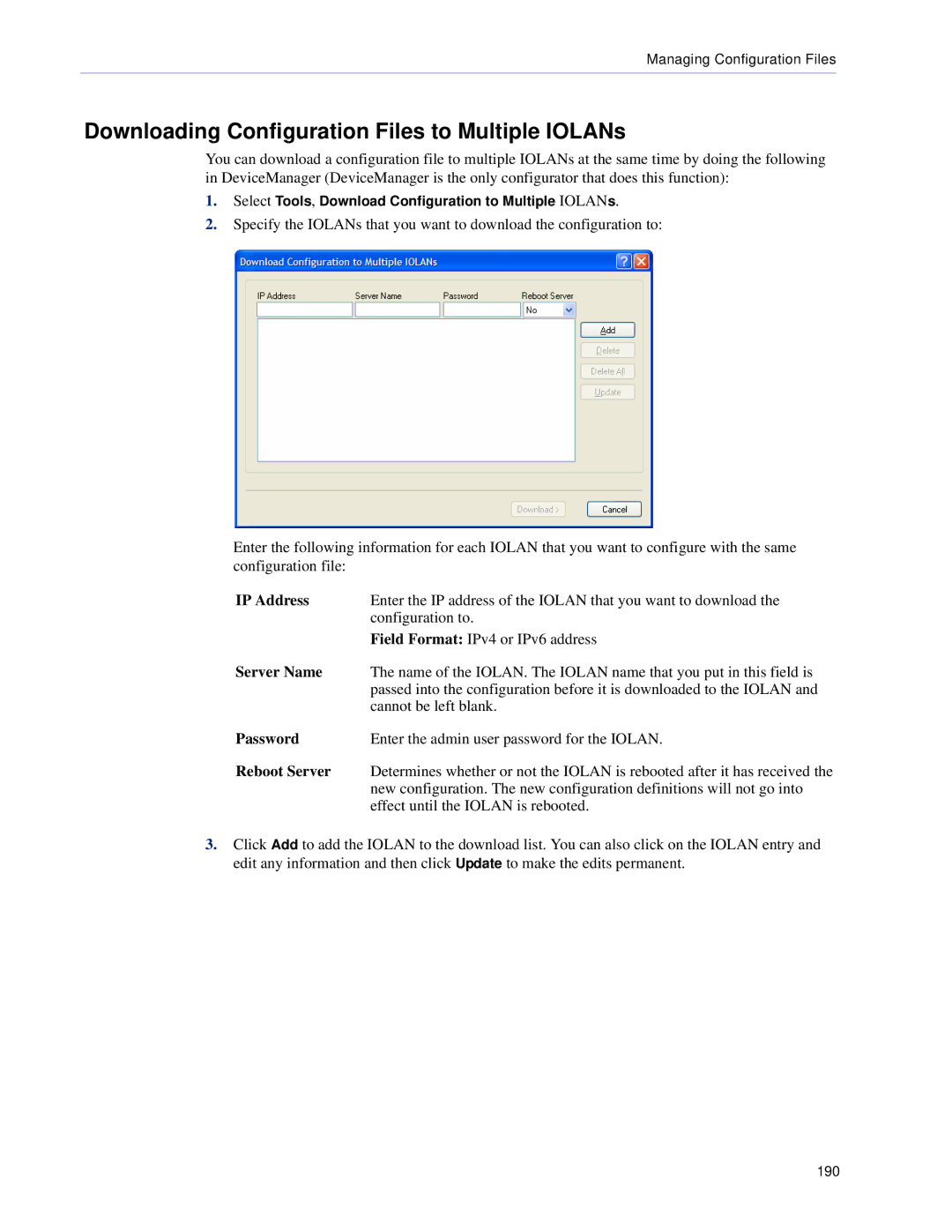 Perle Systems TS2, DS1 manual Downloading Configuration Files to Multiple IOLANs, Server Name, Reboot Server 