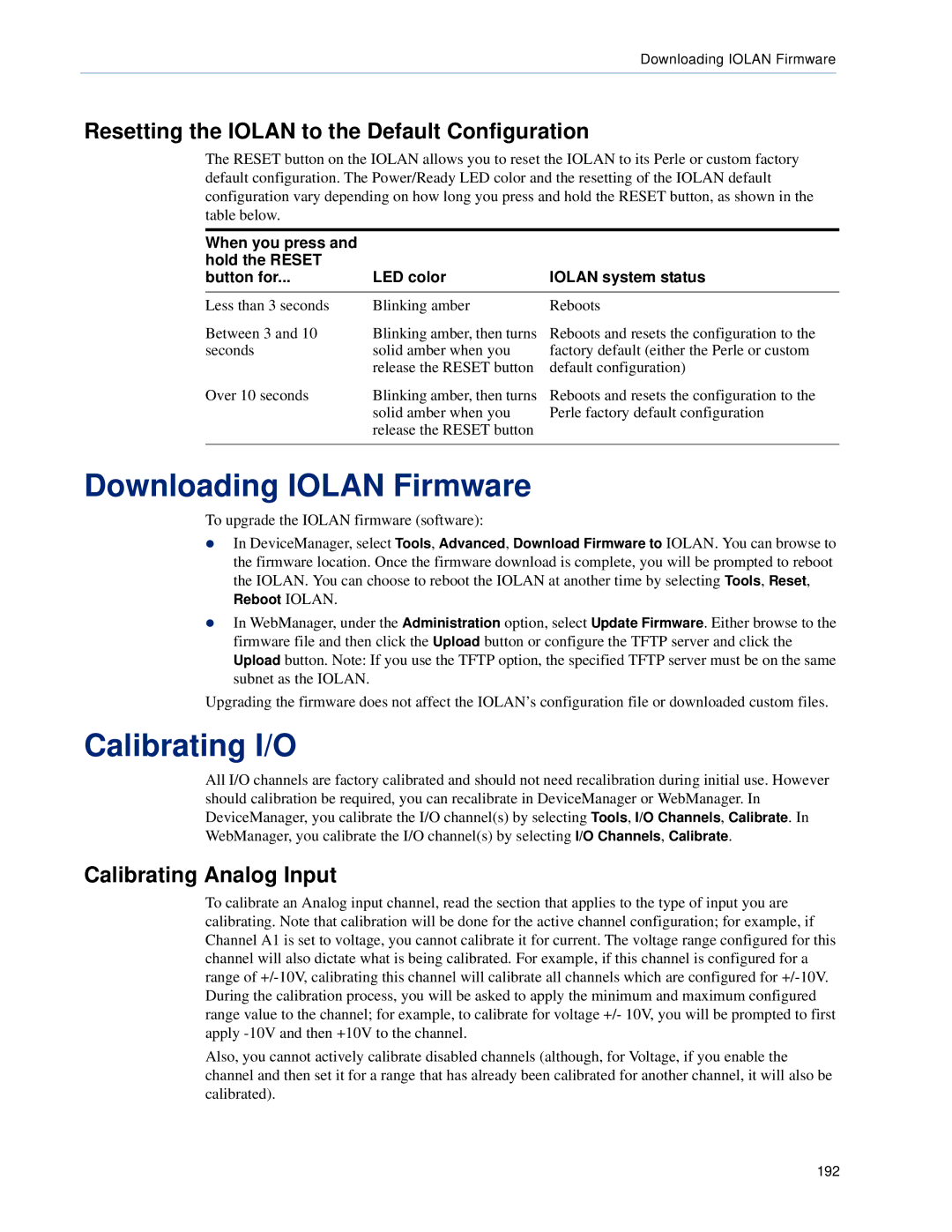 Perle Systems TS2, DS1 manual Downloading Iolan Firmware, Calibrating I/O, Resetting the Iolan to the Default Configuration 