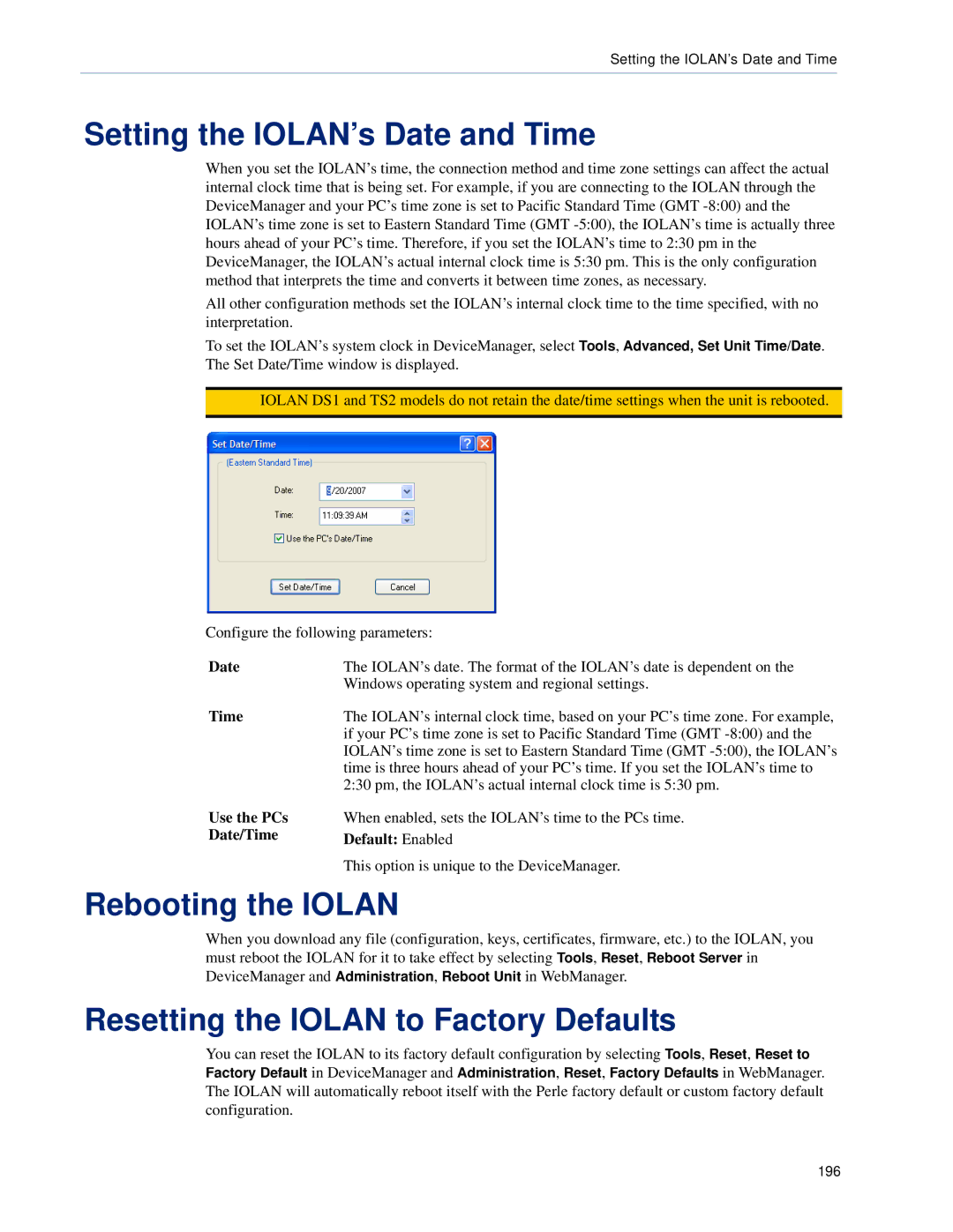 Perle Systems TS2, DS1 Setting the IOLAN’s Date and Time, Rebooting the Iolan, Resetting the Iolan to Factory Defaults 