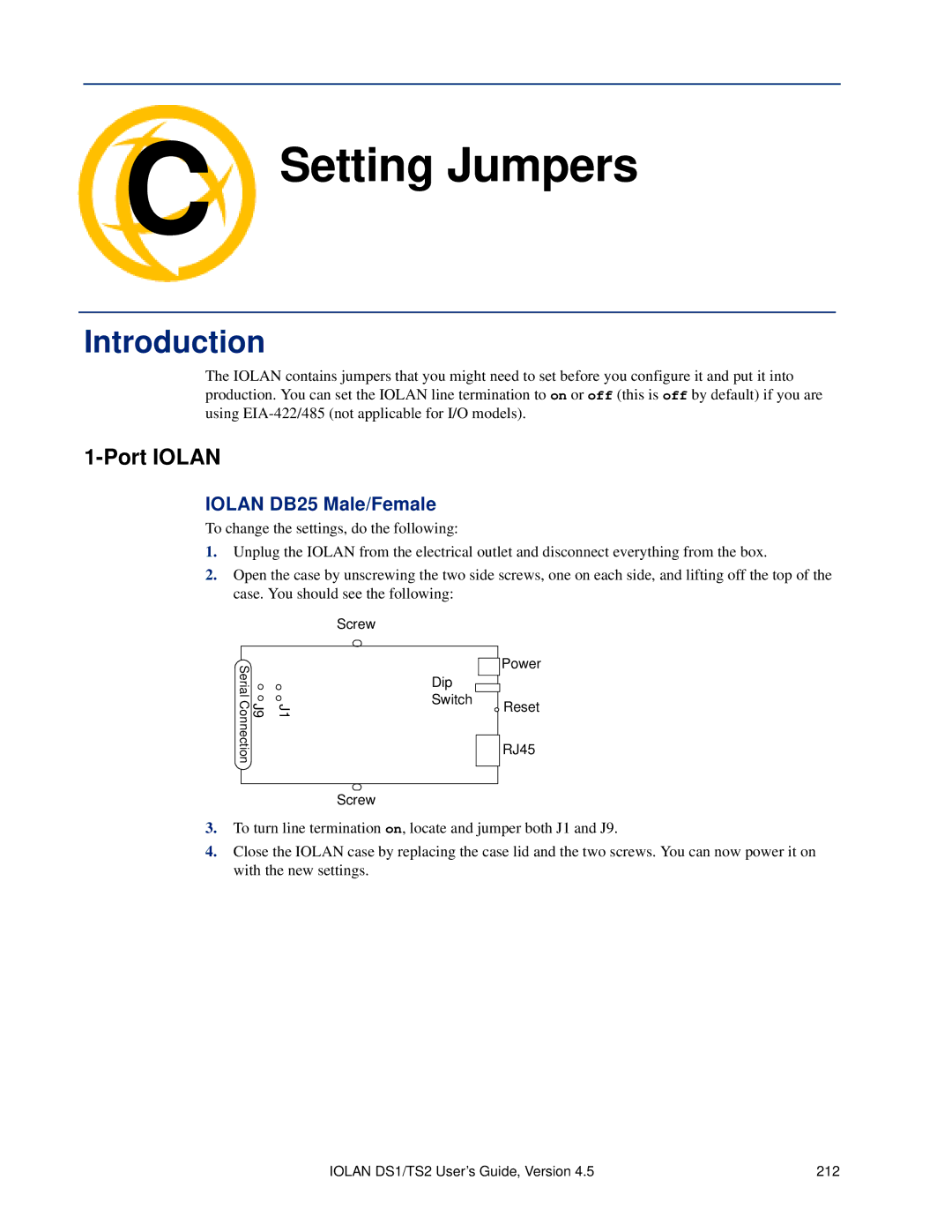 Perle Systems TS2, DS1 manual Setting Jumpers, Port Iolan, Iolan DB25 Male/Female 