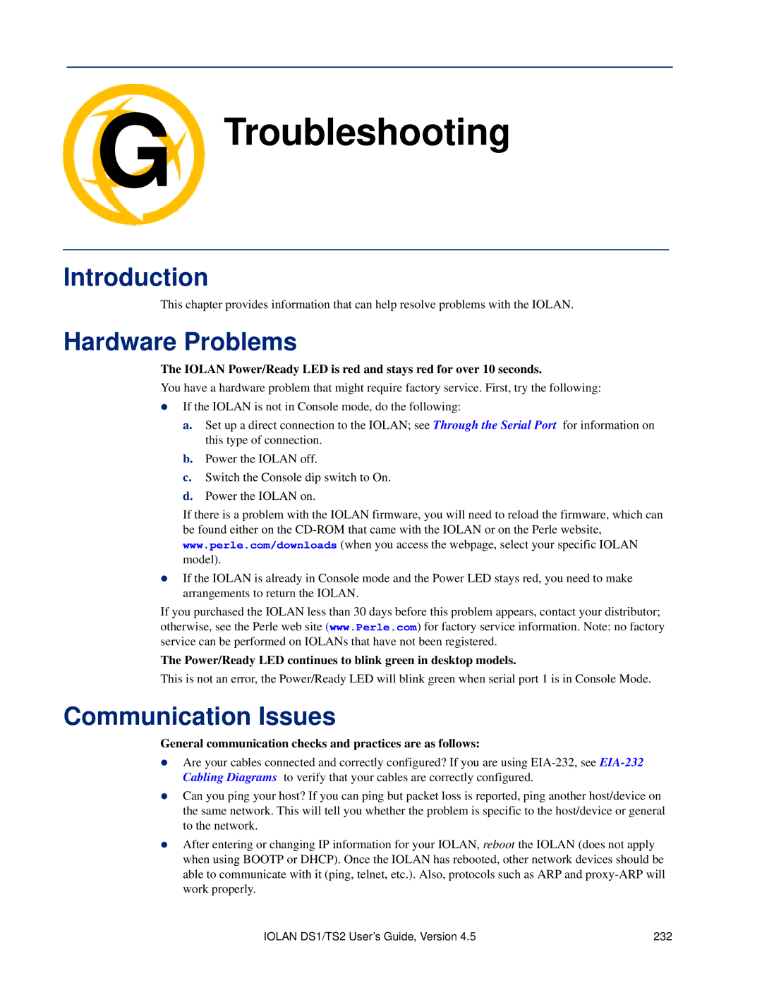 Perle Systems TS2, DS1 manual Troubleshooting, Hardware Problems, Communication Issues 