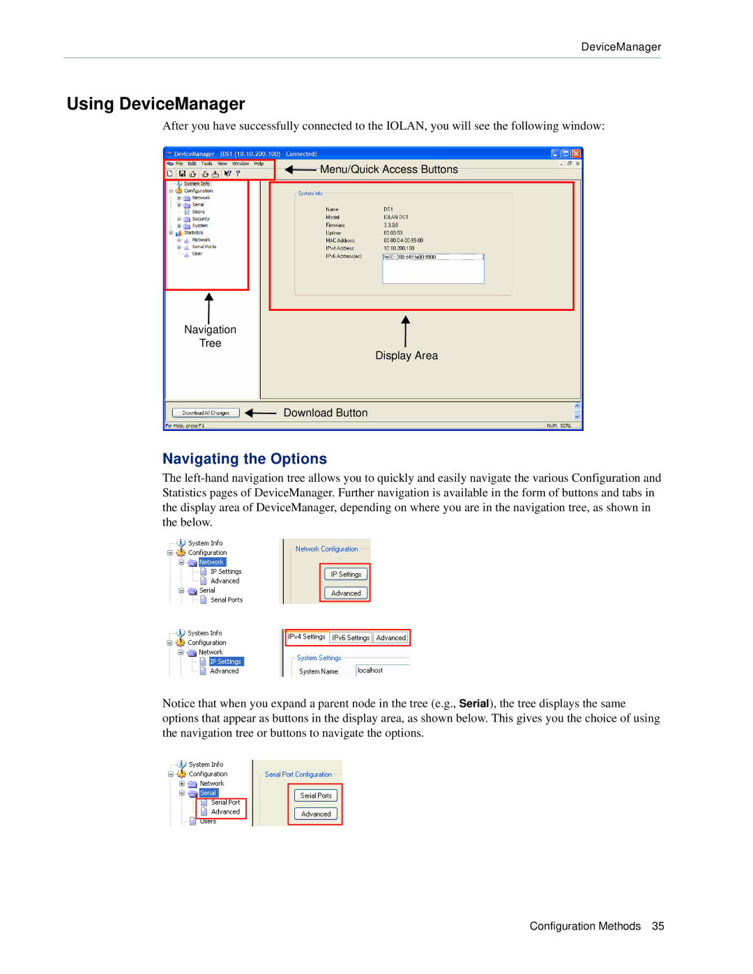 Perle Systems DS1, TS2 manual Using DeviceManager, Navigating the Options 