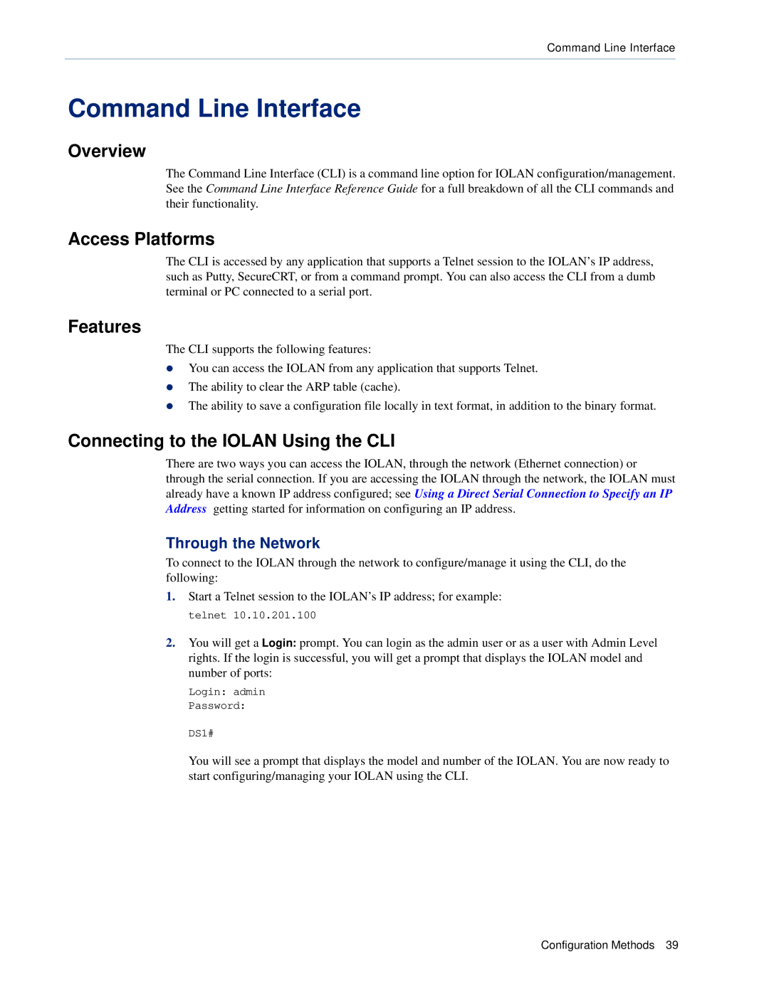 Perle Systems DS1, TS2 manual Command Line Interface, Connecting to the Iolan Using the CLI, Through the Network 