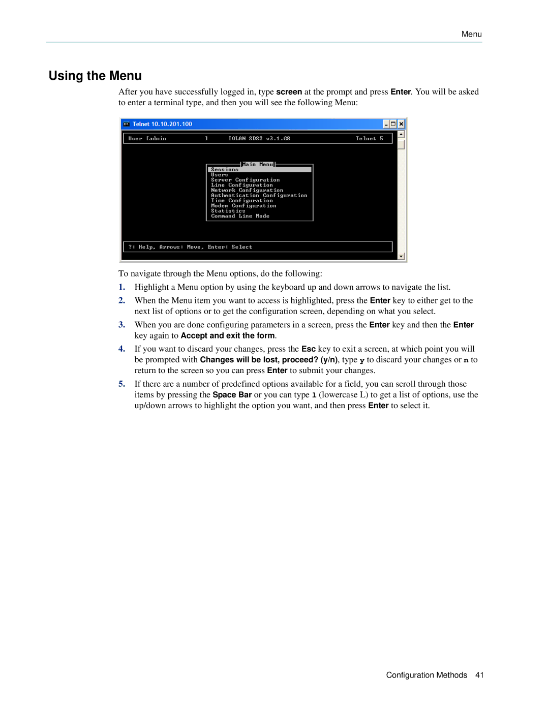 Perle Systems DS1, TS2 manual Using the Menu 